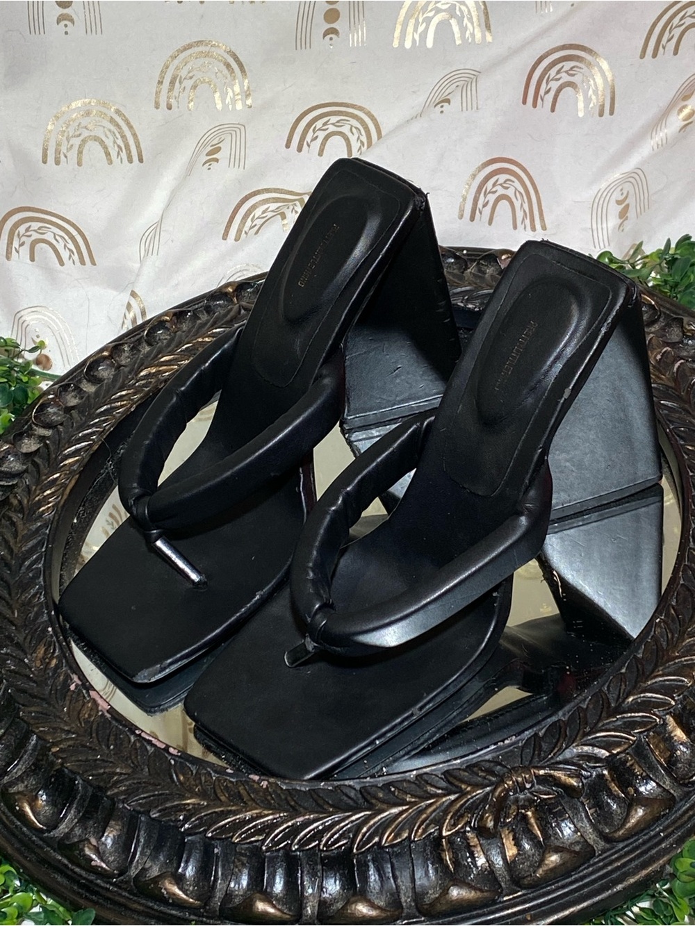 PrettyLittleThing Black Square-Toe Padded Thong Heels